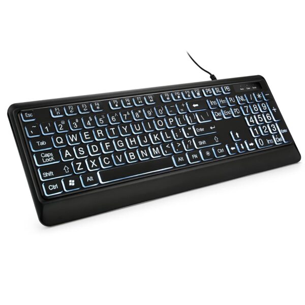 Large Print Backlit Keyboard, USB Wired Computer Keyboard, Full Size Keyboard with White Illuminated LED Compatible for Windows Desktop, Laptop, PC, Gaming, Black