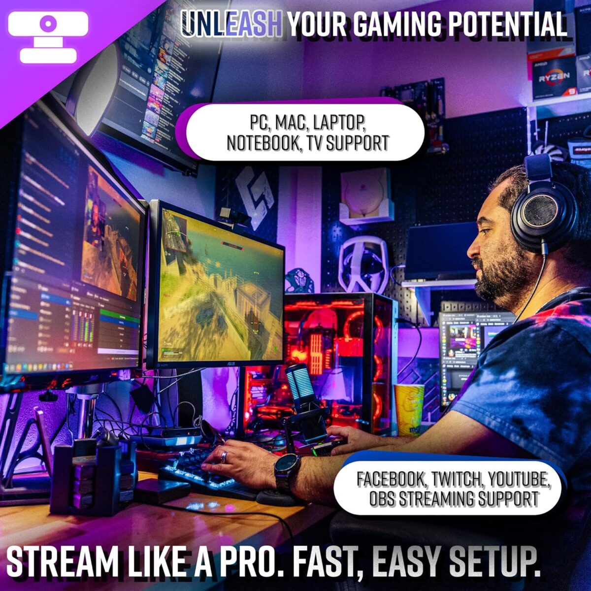 Live Video Streaming Kit (Deluxe)-for Video Call, Gaming, Podcast, YouTube, Content Creation- Includes 2k 60 FPS Webcam, Professional Cardioid Microphone, and LED Flat Light for...