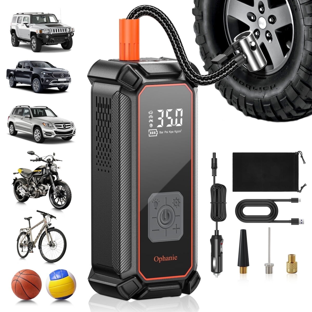Ophanie Cordless Portable Tire Inflator - 160 Psi Digital Pressure Gauge, Air Compressor for Car Tires with Automatic Shutoff, Emergency LED Light, Compact Automotive Pump