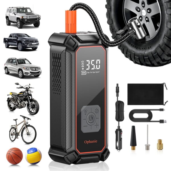 Ophanie Cordless Portable Tire Inflator - 160 Psi Digital Pressure Gauge, Air Compressor for Car Tires with Automatic Shutoff, Emergency LED Light, Compact Automotive Pump