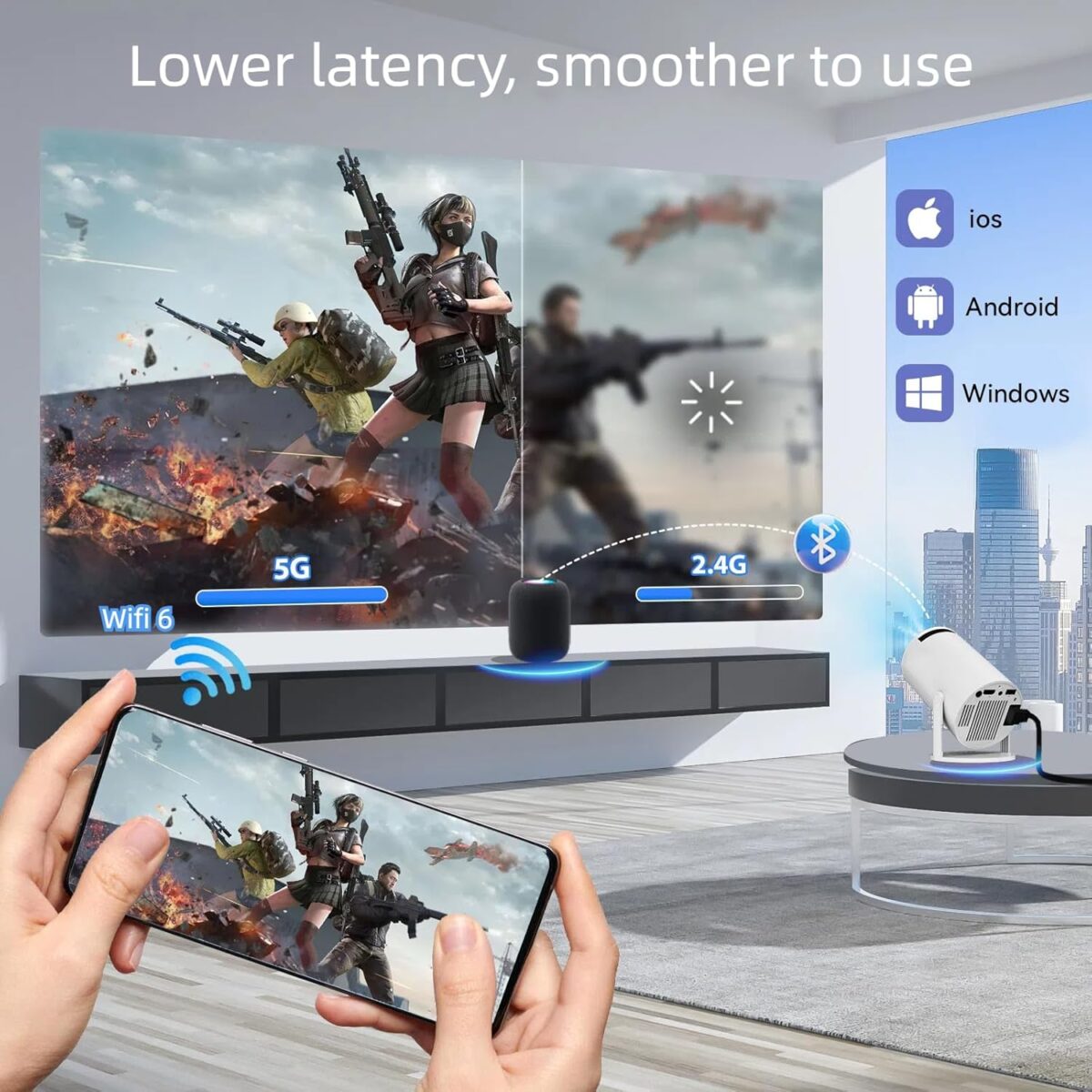 Portable Mini Game Video Projector, 30,000+ Preloaded Games, Android TV 11.0 Smart Projector, 360 ANSI, WiFi & Bluetooth, 1080P HD, Ideal for Home Theater, Gaming, Camping &...