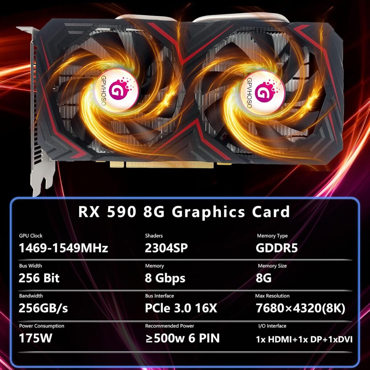 Radeon RX 590 8GB GEM Graphics Card, 2304SP 1469MHz GDDR5 256bit, RX590 GPU 8K Video Card with Dual Cooling Fan, HDMI, DP, DVI-Output, PCIE 3.0 * 16 for Computer Gaming and Office