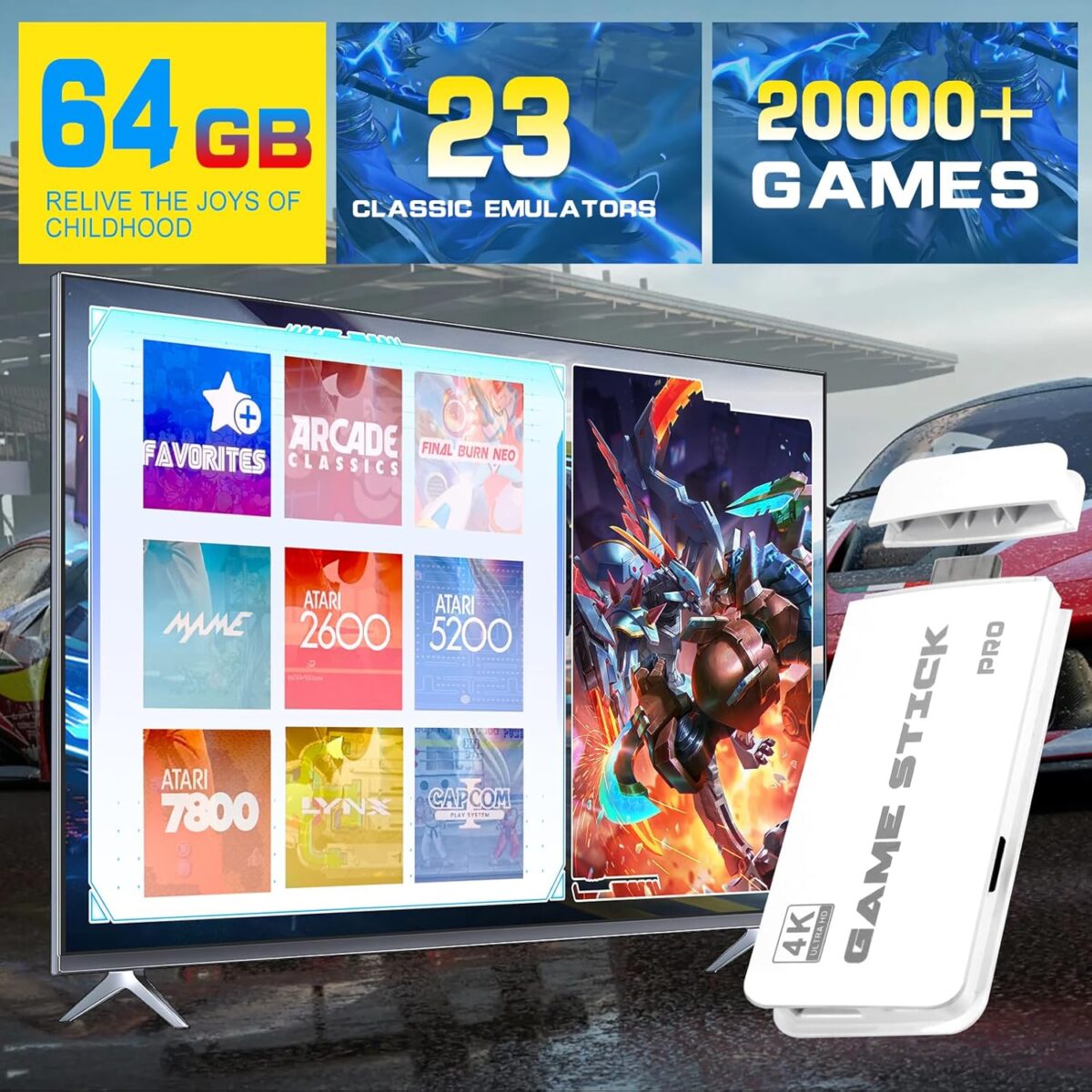 Retro Gaming Console, 20,000+ Retro Game Stick, 23 Emulators, 4K HD HDMI TV Game Stick, Includes 2 Wireless 2.4GHz Controllers,Plug & Play Video Games for TV(64GB)