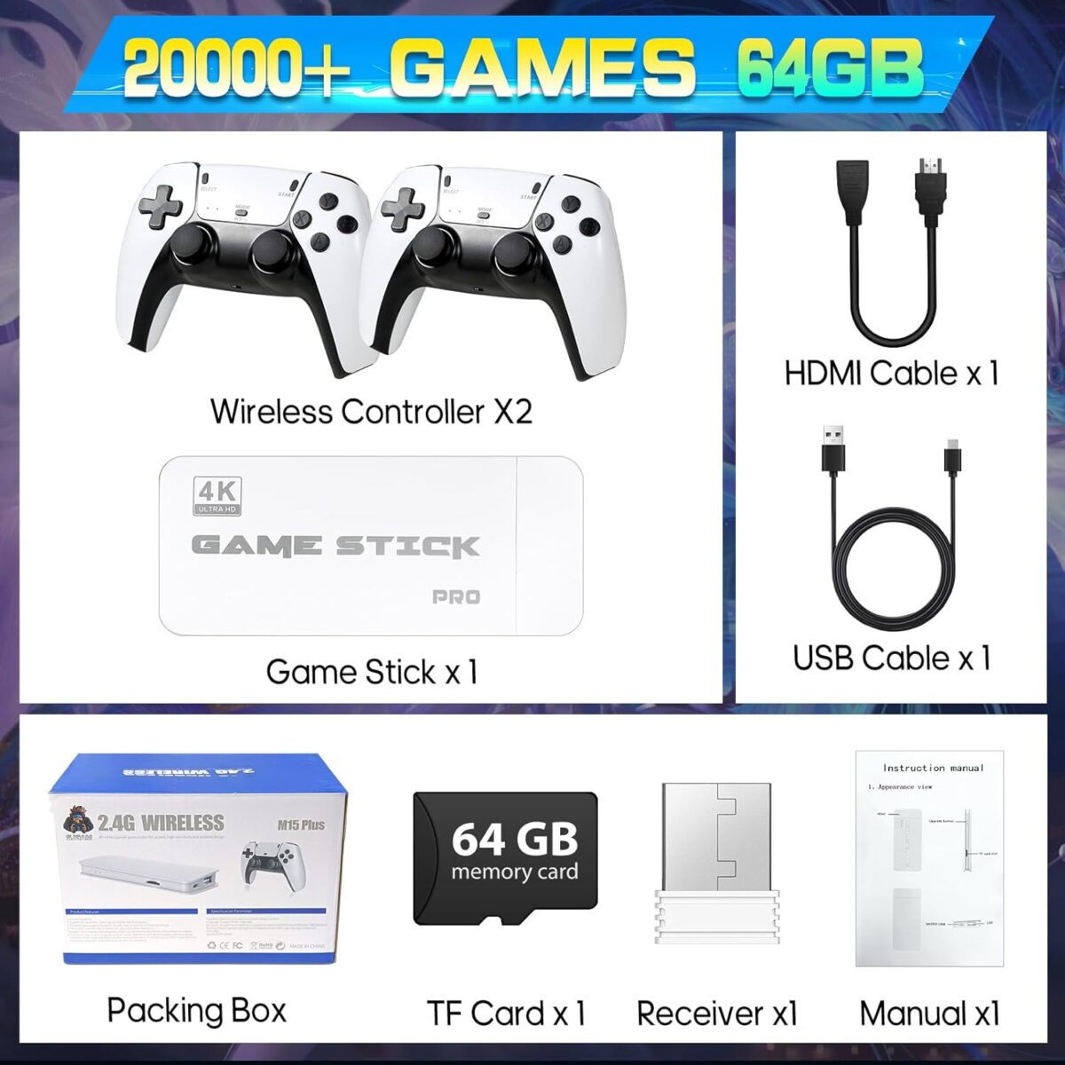 Retro Gaming Console, 20,000+ Retro Game Stick, 23 Emulators, 4K HD HDMI TV Game Stick, Includes 2 Wireless 2.4GHz Controllers,Plug & Play Video Games for TV(64GB)
