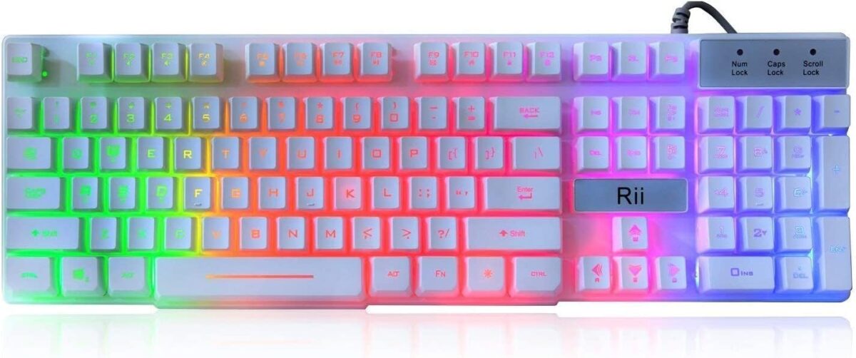 Rii RK100+ Multiple Color Rainbow LED Backlit Large Size USB Wired Mechanical Feeling Multimedia PC Gaming Keyboard,Office Keyboard for Working or Primer Gaming,Office Device