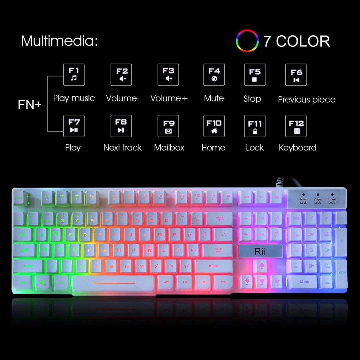 Rii RK100+ Multiple Color Rainbow LED Backlit Large Size USB Wired Mechanical Feeling Multimedia PC Gaming Keyboard,Office Keyboard for Working or Primer Gaming,Office Device