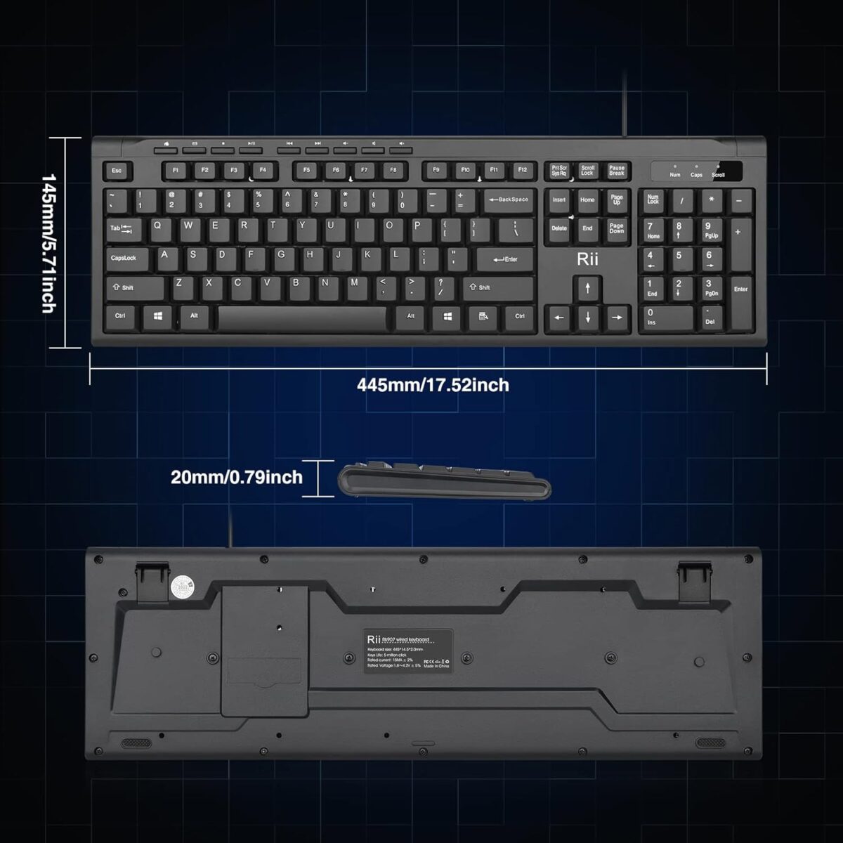 Rii RK907 Ultra-Slim Compact USB Wired Keyboard for Mac and PC,Windows 10/8 / 7 / Vista/XP (Black) (1PCS)