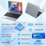 RNRUO 14.1 inch Windows 11 Pro Business Laptop, 8GB RAM, 256GB SSD, 2.64 GHz Intel Pentium J3710, 1920x1080 FHD WiFi 5 BT5.0, Gray