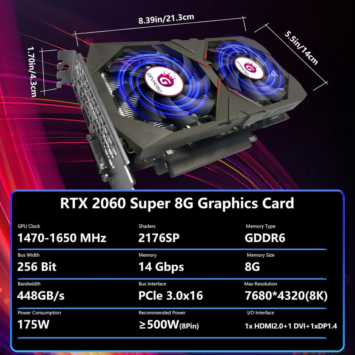 RTX 2060 Super 8GB Graphics Card 256Bit GDDR6 Video Card with Ray Tracing, Dual Fans, PCI Express x 16 3.0 HDMI Display Port DVI, Supports Up to 8K for Office Creative Work PC...
