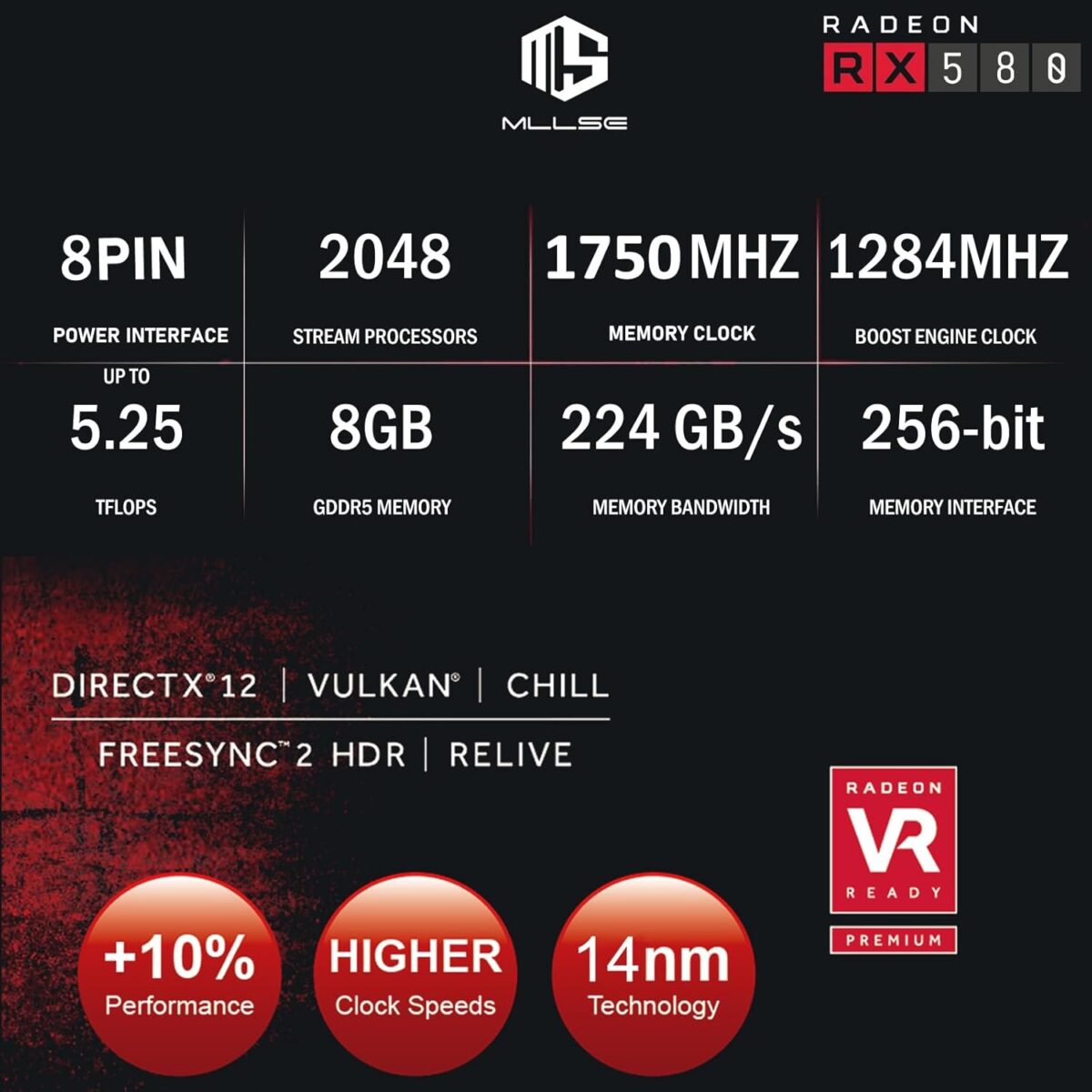 RX 580 8GB GDDR5 256-bit Gaming Graphics Card (PCIe 3.0 x16, 8-pin, 3X DP + HDMI) - Desktop Computer Video Card for PC Gaming