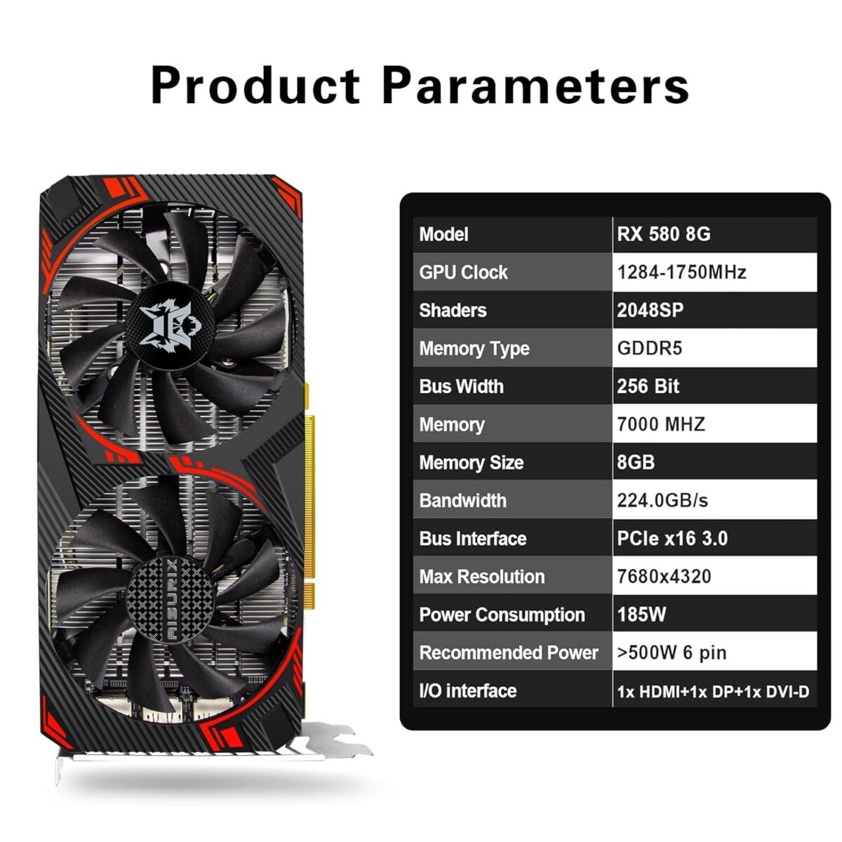 RX 580 Graphics Card 8GB GDDR5 2048 SP PCIe 3.0 Dual Fan Cooling DirectX 12 256-Bit HDMI/DP/DVI Outputs Video vard for Gaming PC and Streaming