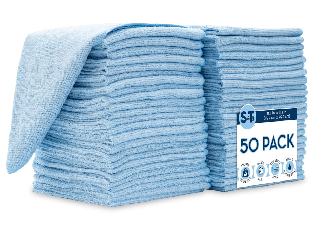 S&T INC. 100 Pack Microfiber Cleaning Cloth, Bulk Towels for Home, Reusable Microfiber Towels for Cars, Cleaning Rags, Light Blue, 11.5 Inches x 11.5 Inches, 100 Count
