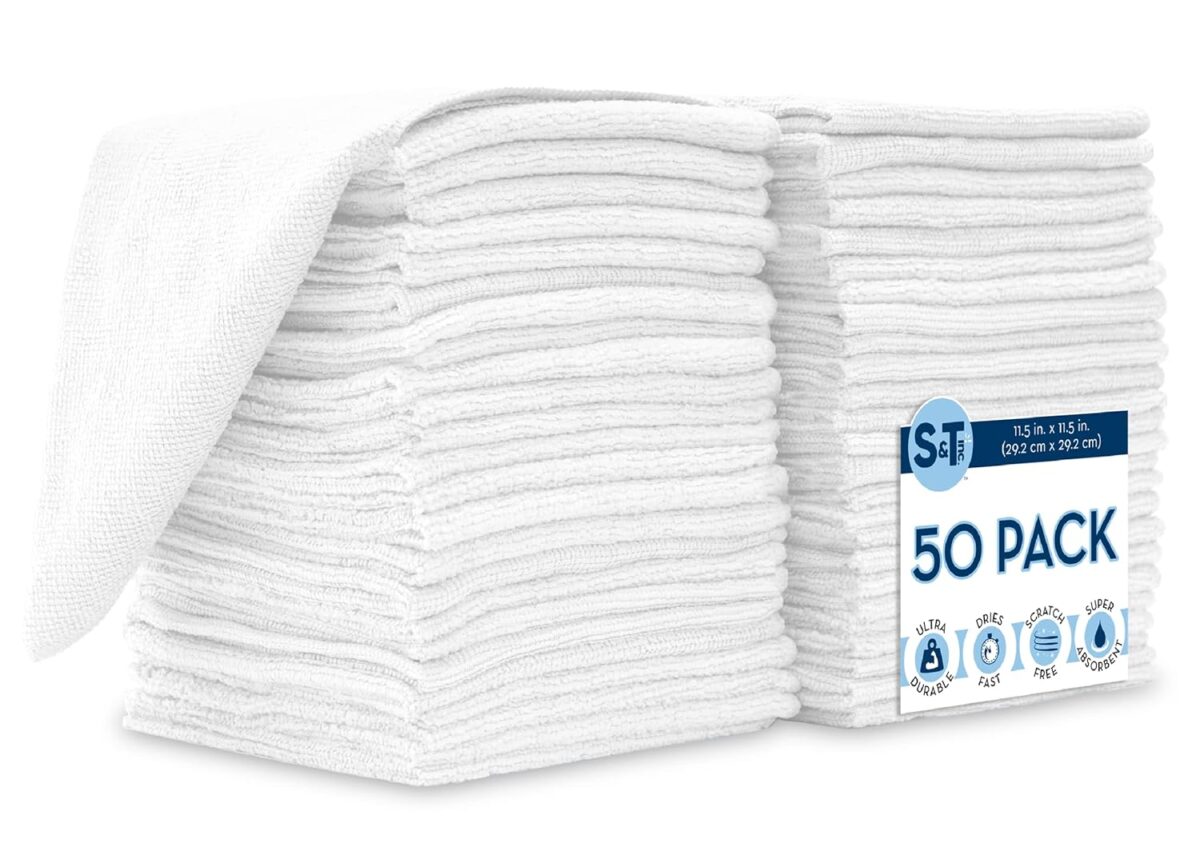 S&T INC. 50 Pack Microfiber Cleaning Cloth, Bulk Towels for Home, Reusable Microfiber Towels for Cars, Cleaning Rags, White, 11.5 Inches x 11.5 Inches, 50 Count