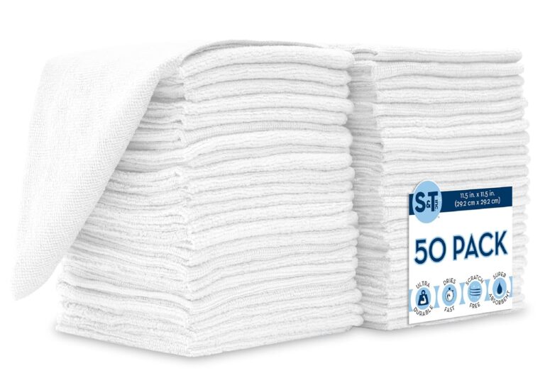 S&T INC. 50 Pack Microfiber Cleaning Cloth, Bulk Towels for Home, Reusable Microfiber Towels for Cars, Cleaning Rags, White, 11.5 Inches x 11.5 Inches, 50 Count