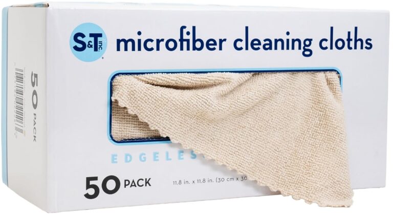 S&T INC. 50 Pack Microfiber Cleaning Cloth with Box, Bulk Towels for Home, Reusable Microfiber Towels for Cars, Cleaning Rags, Oatmeal, 11.8 Inches x 11.8 Inches, 50 Count