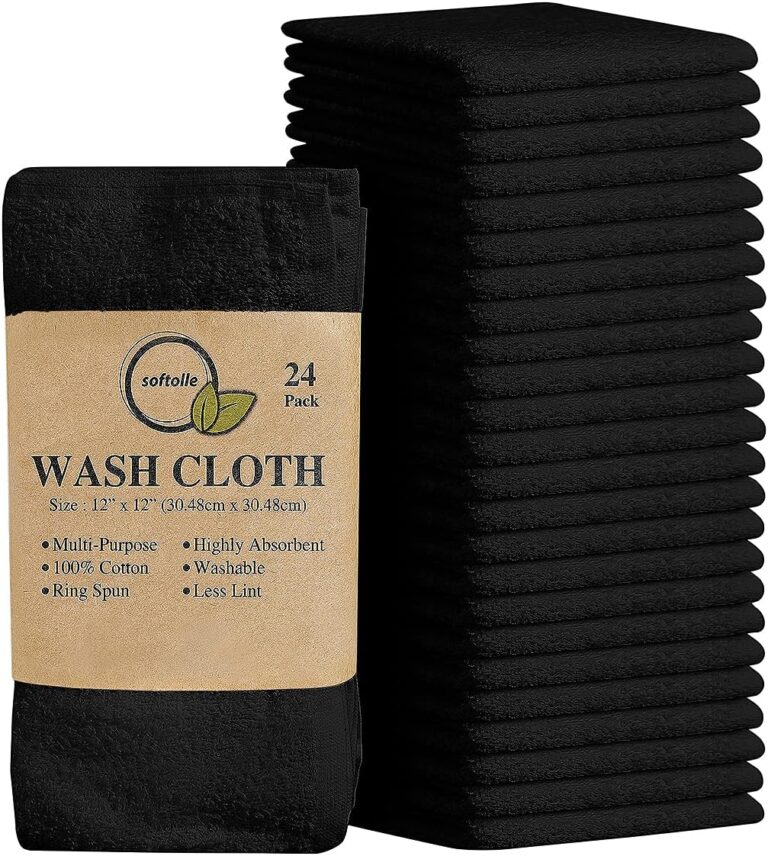 Softolle 100% Cotton Ring Spun Wash Cloths – Bulk Pack of Washcloths – 12x12 Inches – Wash Cloth for Face, Highly Absorbent, Soft and Face Towels (Black, 24 Pack)