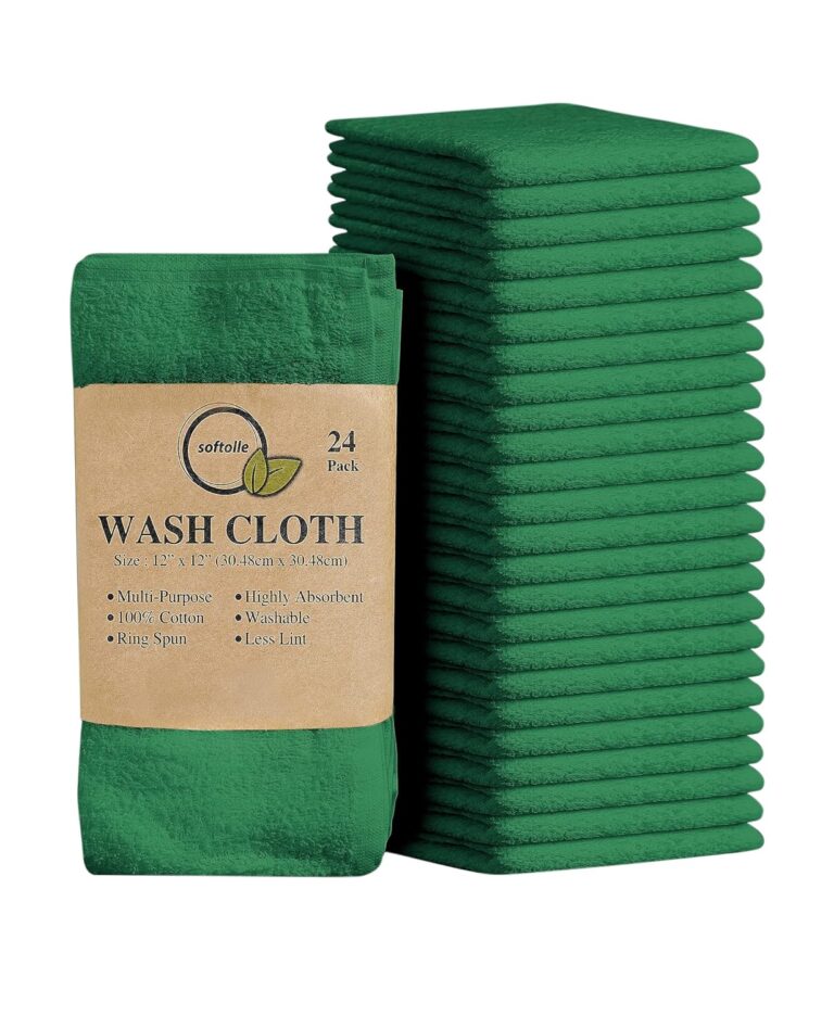 Softolle 100% Cotton Ring Spun Wash Cloths – Bulk Pack of Washcloths – 12x12 Inches – Wash Cloth for Face, Highly Absorbent, Soft and Face Towels (Dark Green, 24 Pack)