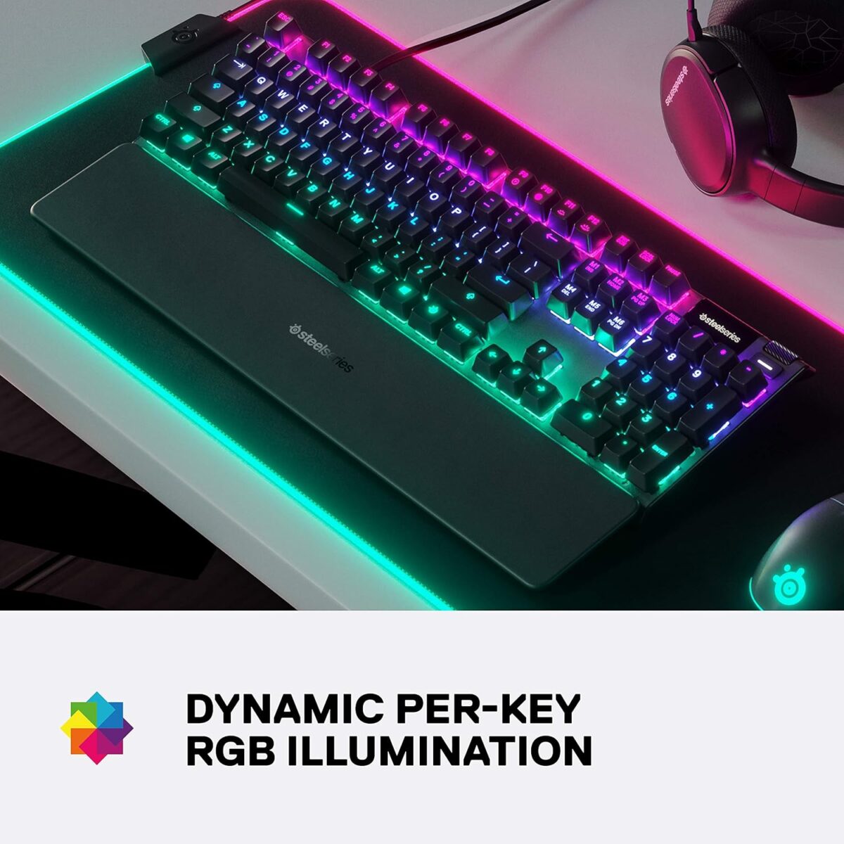 SteelSeries Apex 3 RGB Gaming Keyboard – 10-Zone RGB Illumination – IP32 Water Resistant – Premium Magnetic Wrist Rest (Whisper Quiet Gaming Switch)