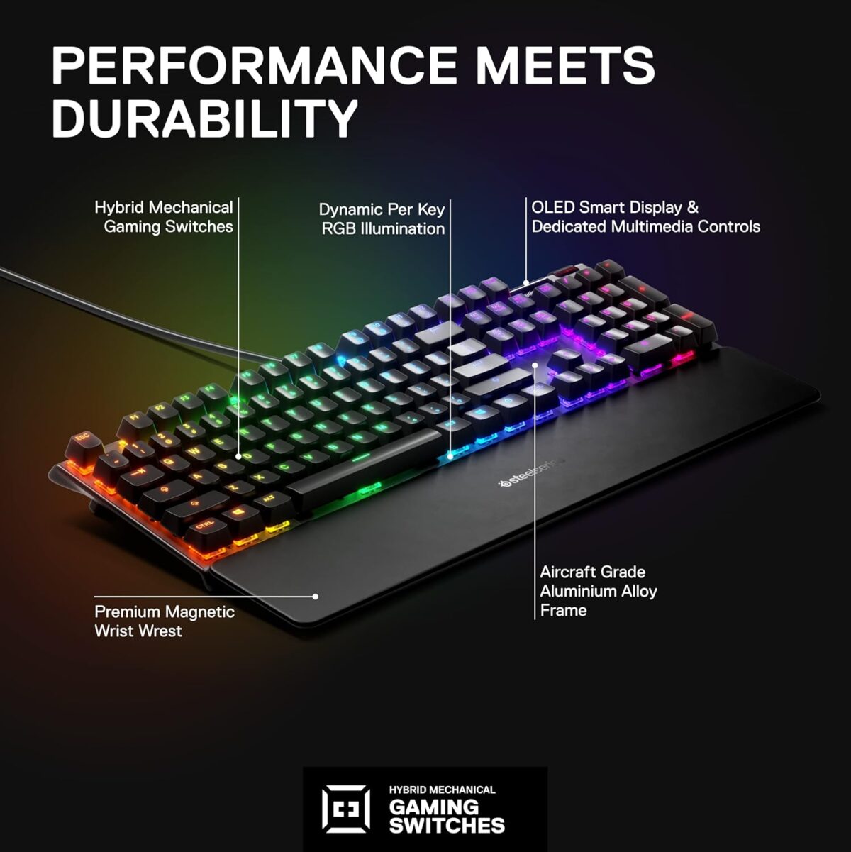 SteelSeries Apex 3 RGB Gaming Keyboard – 10-Zone RGB Illumination – IP32 Water Resistant – Premium Magnetic Wrist Rest (Whisper Quiet Gaming Switch)