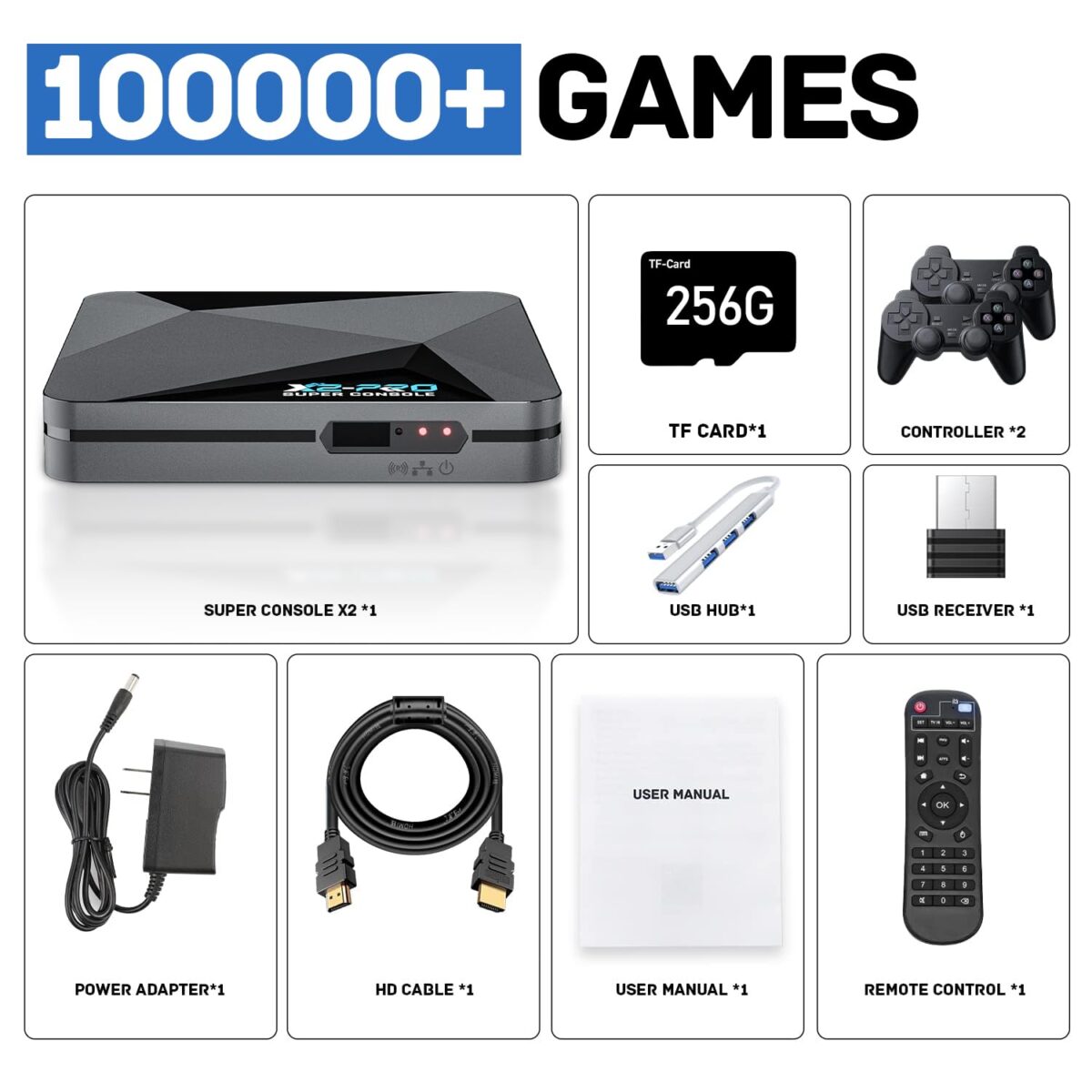 Super Console X2 Pro Retro Game Console Pre-Built-in 100000+Games, Retro Game Console with 65+ emulators,EmuELEC 4.5/Android 9.0，4K UHD Display