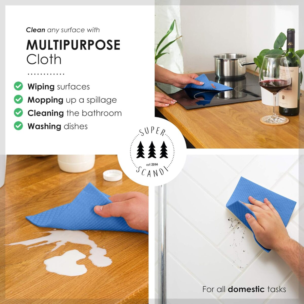 SUPERSCANDI 6 Pack Swedish Dishcloths for Kitchen - 100% Biodegradable & Compostable Reusable Paper Towels Washable, Food-Safe & Without Plastic - Dish Rags Suitable for Any...