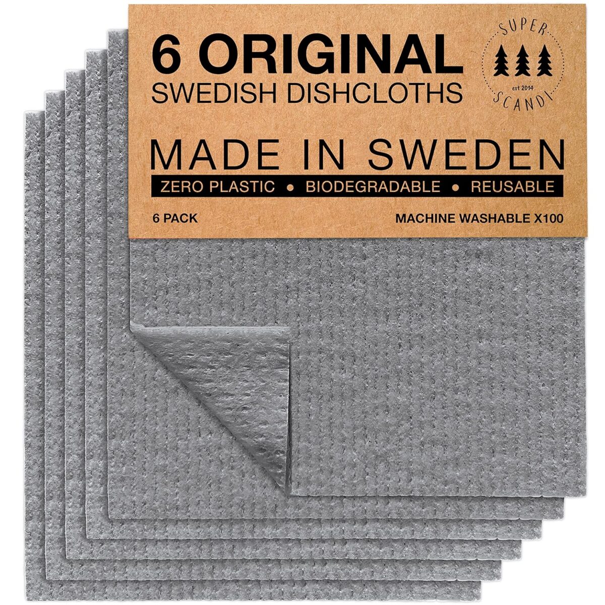 SUPERSCANDI 6 Pack Swedish Dishcloths for Kitchen - 100% Biodegradable & Compostable Reusable Paper Towels Washable, Food-Safe & Without Plastic - Dish Rags Suitable for Any...