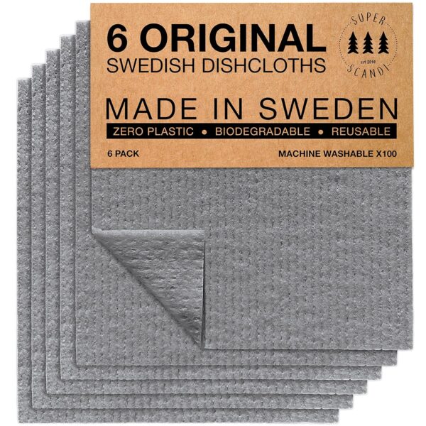 SUPERSCANDI 6 Pack Swedish Dishcloths for Kitchen - 100% Biodegradable & Compostable Reusable Paper Towels Washable, Food-Safe & Without Plastic - Dish Rags Suitable for Any...