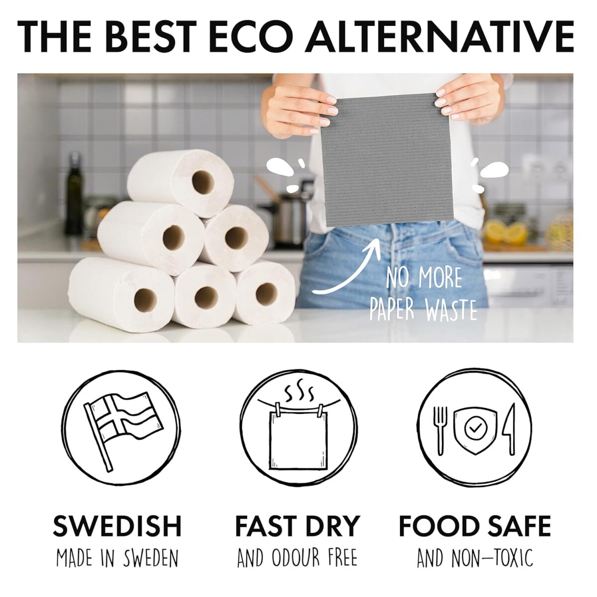 SUPERSCANDI 6 Pack Swedish Dishcloths for Kitchen - 100% Biodegradable & Compostable Reusable Paper Towels Washable, Food-Safe & Without Plastic - Dish Rags Suitable for Any...