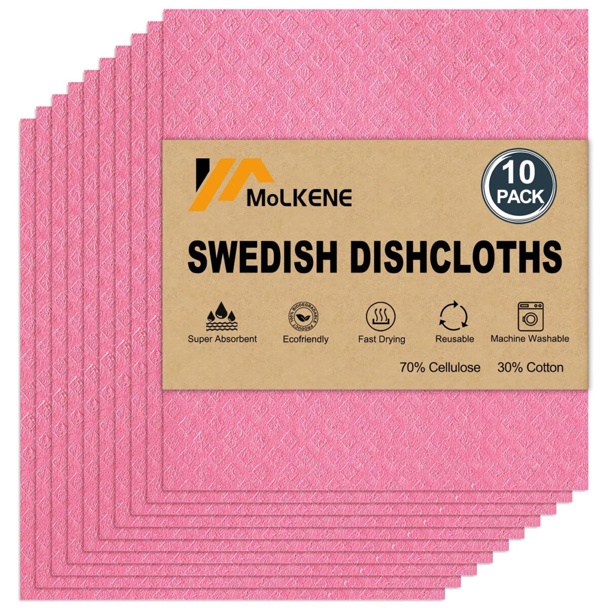 Swedish Dishcloths - 10 Pack Reusable Kitchen Dishcloths - Ultra Absorbent Dish Towels for Washing Dishes - Cellulose Sponge Cloth Cleaning Cloths - Pink