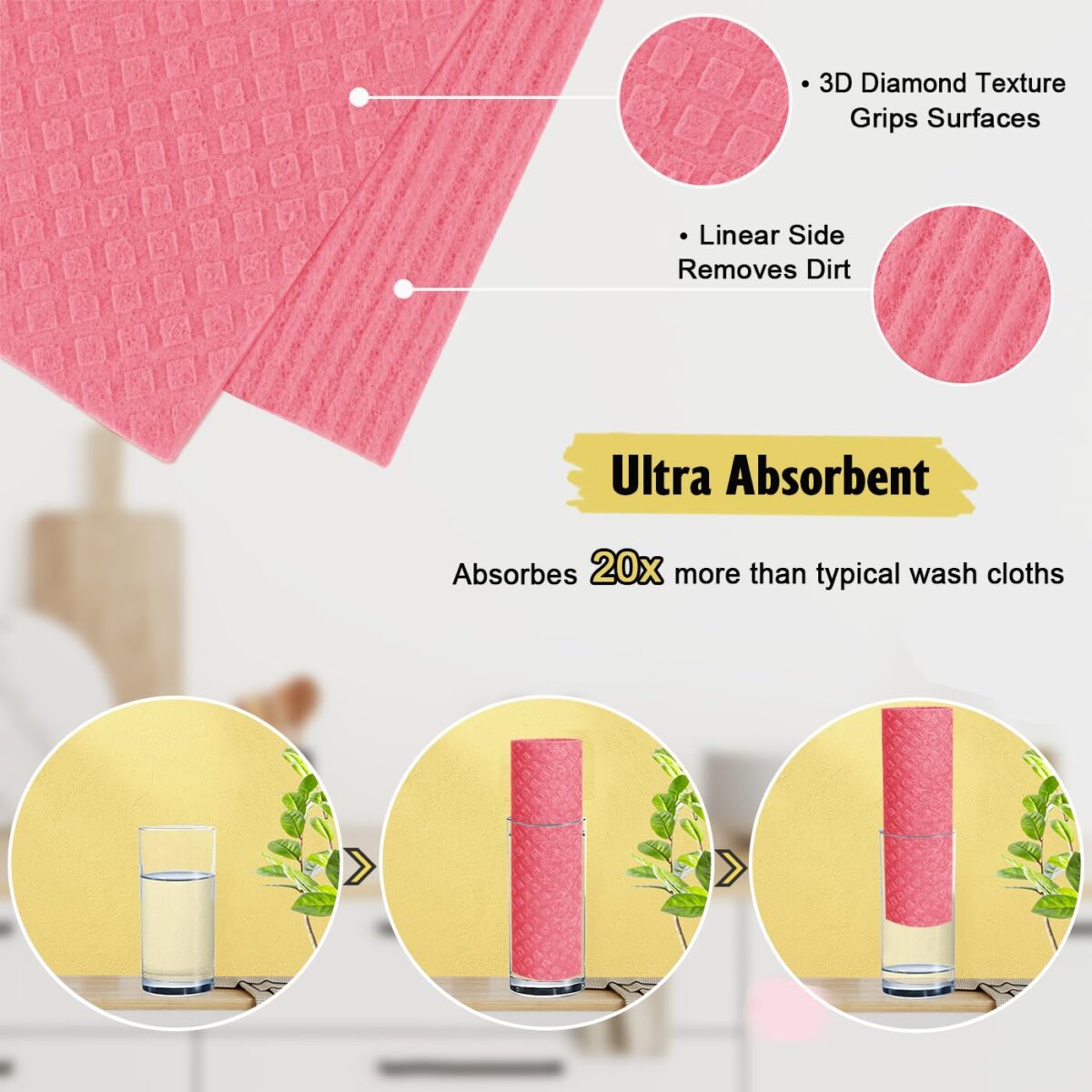Swedish Dishcloths - 10 Pack Reusable Kitchen Dishcloths - Ultra Absorbent Dish Towels for Washing Dishes - Cellulose Sponge Cloth Cleaning Cloths - Pink