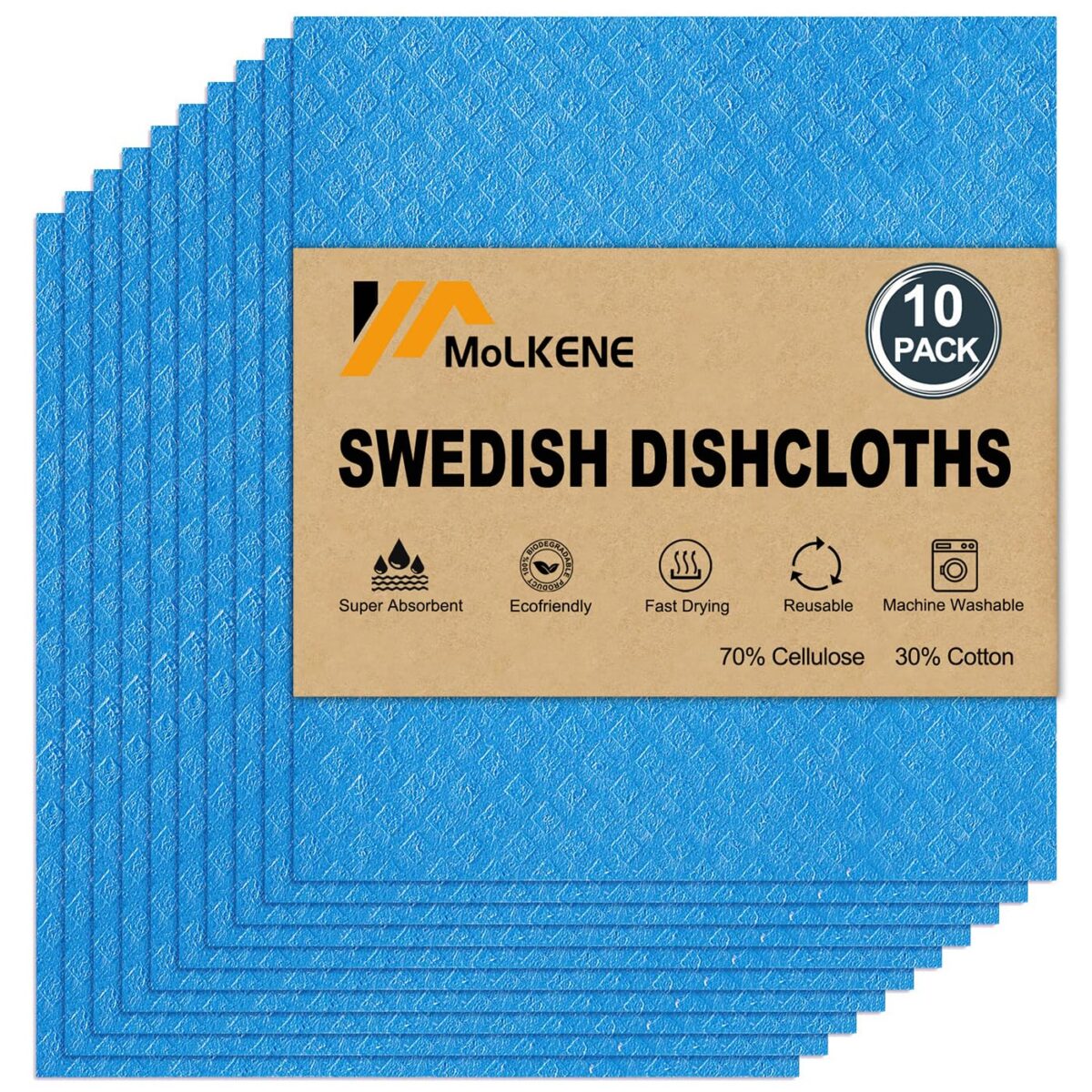 Swedish Dishcloths - 10 Pack Reusable Kitchen Dishcloths - Ultra Absorbent Dish Towels for Washing Dishes - Cellulose Sponge Cloth Cleaning Cloths - Blue