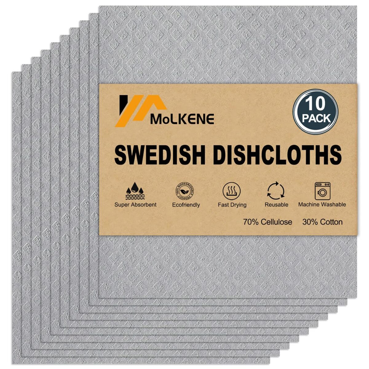 Swedish Dishcloths for Kitchen | 10 Pack Absorbent Cellulose Sponge Cloths Washable | Non-Scratch Reusable Paper Towels Quick Drying Cleaning Rag - Grey