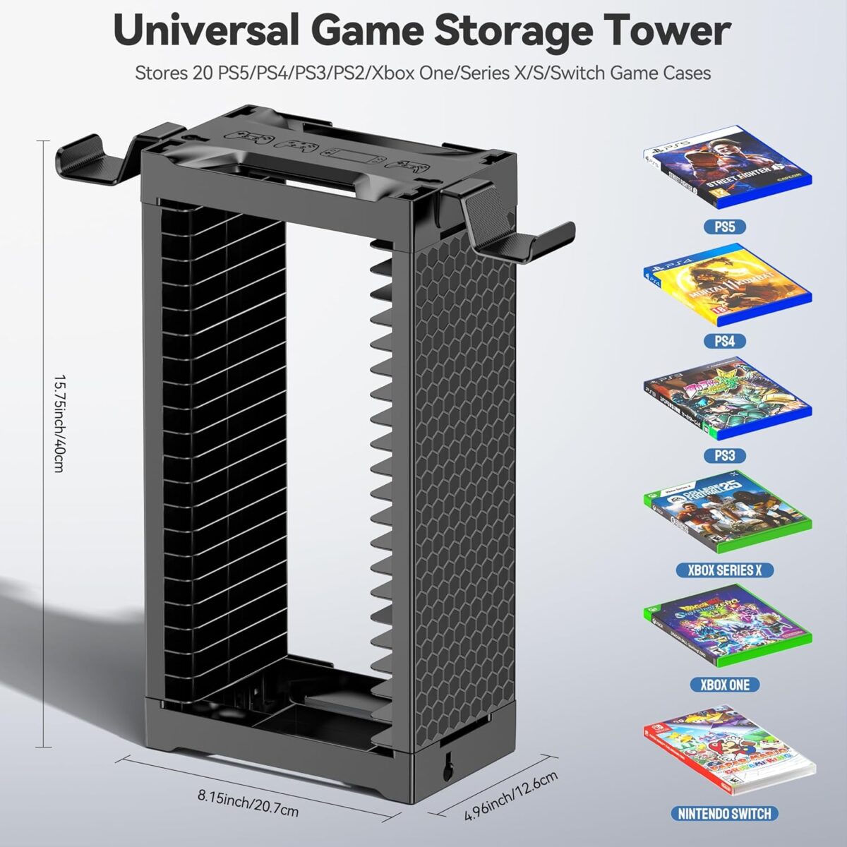 Video Game Storage Tower Holder with Controller Stand, Wall Mount Game Organizers and Storage for Nintendo Switch 2/ PS5/ PS4/ Xbox, Vertical & Horizontal Stand for 20 Gaming...