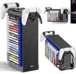 Video Game Storage Tower Holder with Controller Stand, Wall Mount Game Organizers and Storage for Nintendo Switch 2/ PS5/ PS4/ Xbox, Vertical & Horizontal Stand for 20 Gaming...
