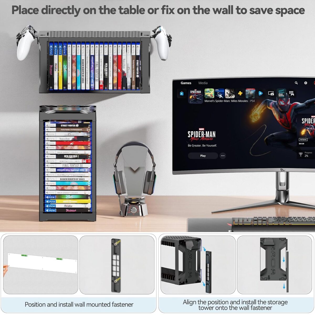 Video Game Storage Tower Holder with Controller Stand, Wall Mount Game Organizers and Storage for Nintendo Switch 2/ PS5/ PS4/ Xbox, Vertical & Horizontal Stand for 20 Gaming...