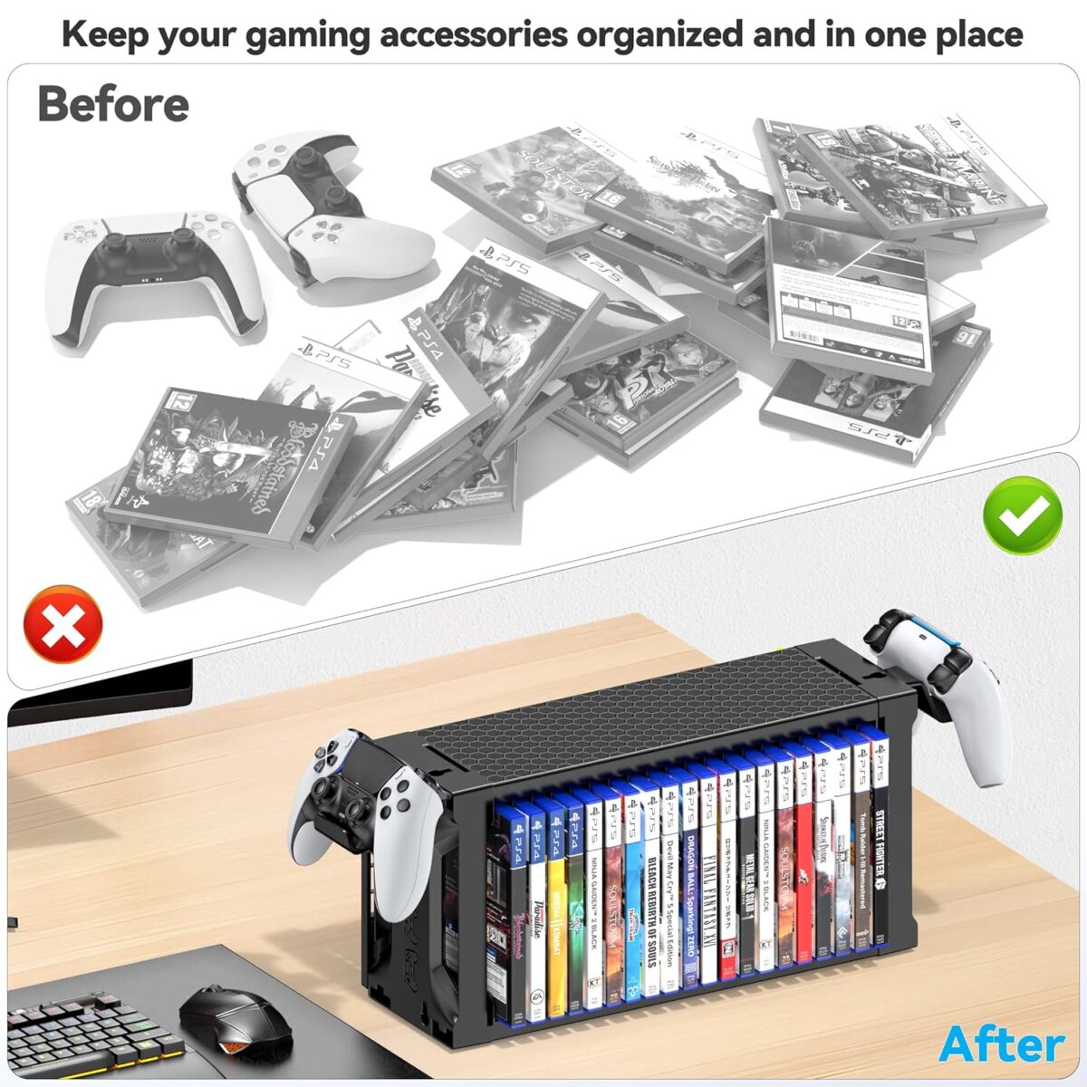 Video Game Storage Tower Holder with Controller Stand, Wall Mount Game Organizers and Storage for Nintendo Switch 2/ PS5/ PS4/ Xbox, Vertical & Horizontal Stand for 20 Gaming...