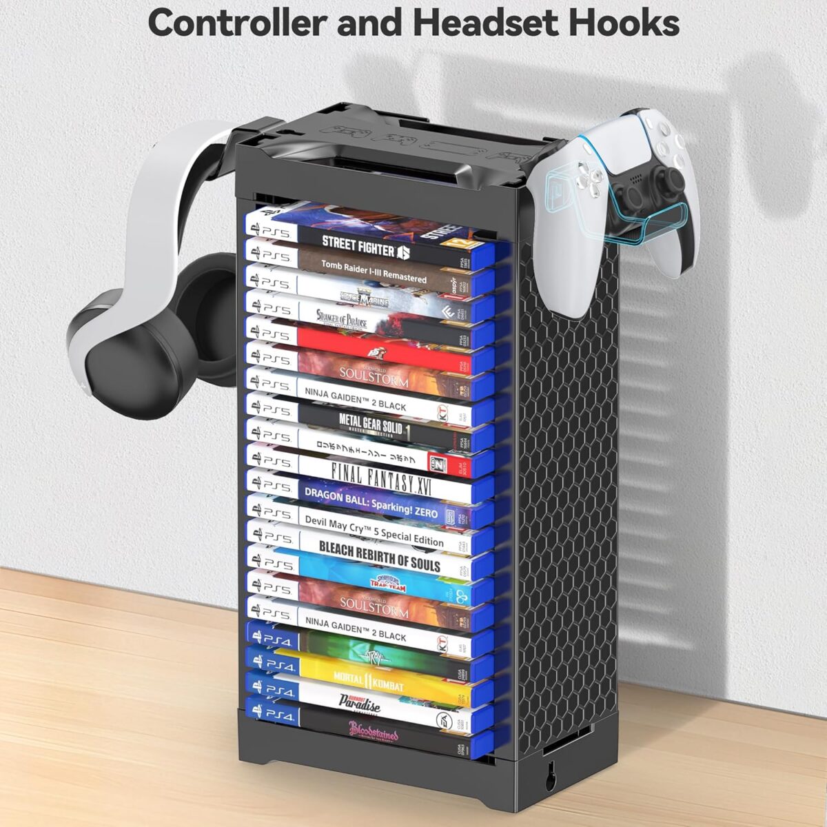 Video Game Storage Tower Holder with Controller Stand, Wall Mount Game Organizers and Storage for Nintendo Switch 2/ PS5/ PS4/ Xbox, Vertical & Horizontal Stand for 20 Gaming...