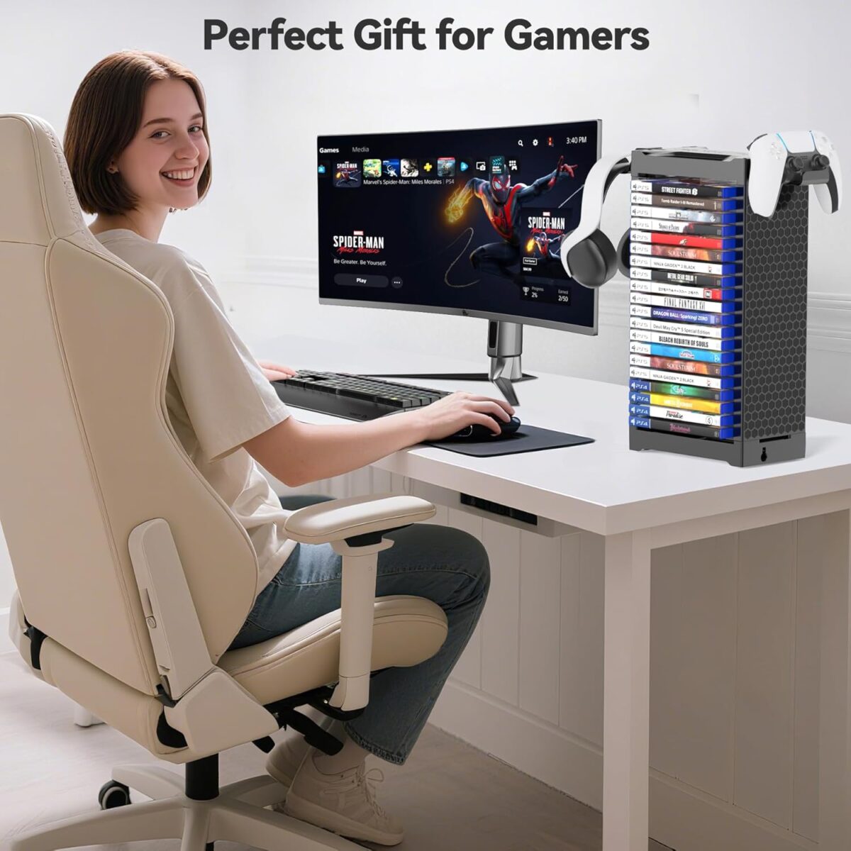 Video Game Storage Tower Holder with Controller Stand, Wall Mount Game Organizers and Storage for Nintendo Switch 2/ PS5/ PS4/ Xbox, Vertical & Horizontal Stand for 20 Gaming...