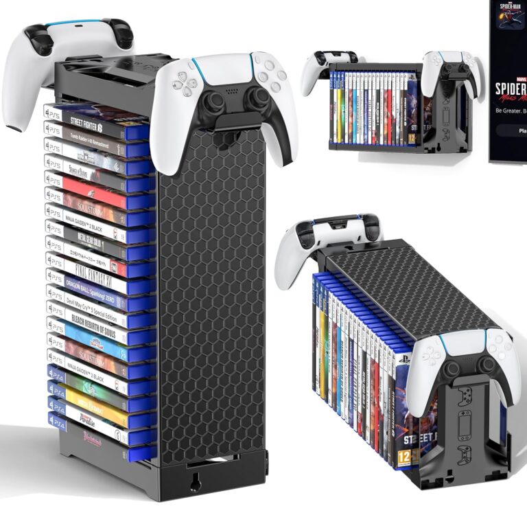Video Game Storage Tower Holder with Controller Stand, Wall Mount Game Organizers and Storage for Nintendo Switch 2/ PS5/ PS4/ Xbox, Vertical & Horizontal Stand for 20 Gaming...