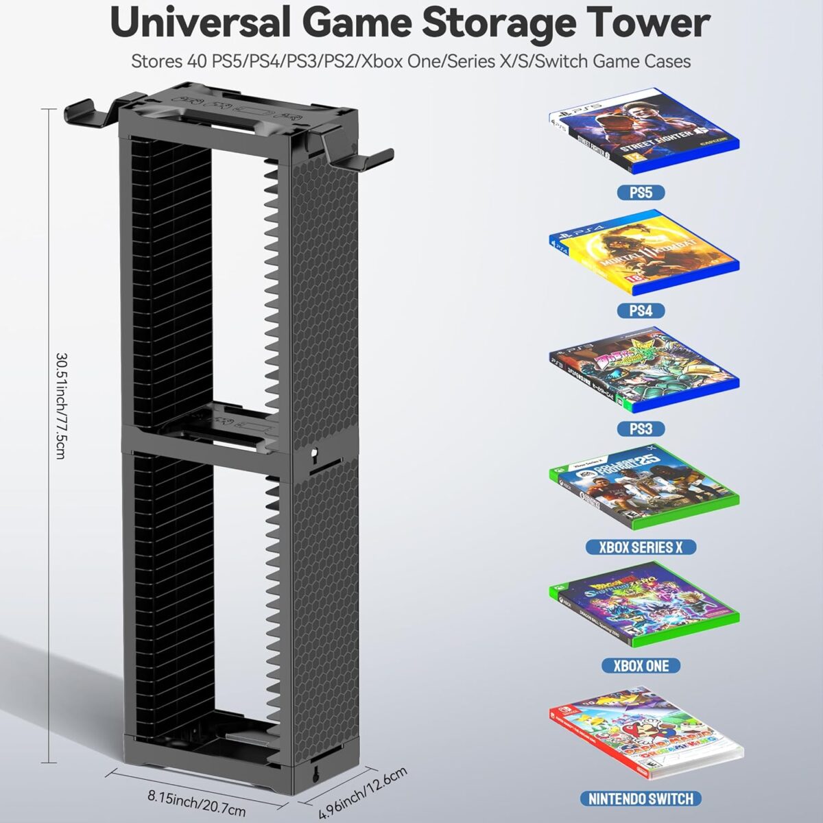 Video Game Storage Tower Holder with Controller Stand, Wall Mount Game Organizers and Storage for Nintendo Switch 2/ PS5/ PS4/ Xbox, Vertical & Horizontal Stand for 20 Gaming...