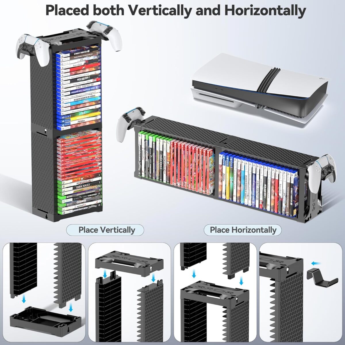 Video Game Storage Tower Holder with Controller Stand, Wall Mount Game Organizers and Storage for Nintendo Switch 2/ PS5/ PS4/ Xbox, Vertical & Horizontal Stand for 20 Gaming...