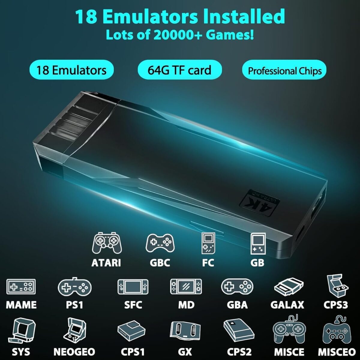 Wireless Retro Game Console Stick Built-in 20000+ Classic Games, 4K HDMI Output Nostalgia Plug & Play Retro Video Gaming Stick with 18 Emulators and Dual 2.4G Wireless...