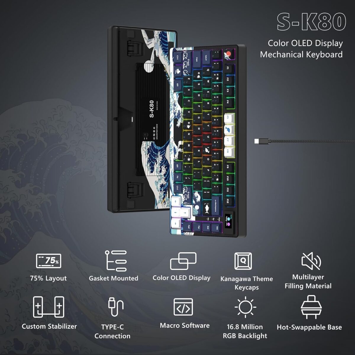 Womier S-K80 75% Keyboard with Color Multimedia Display Mechanical Gaming Keyboard, Wired Hot Swappable Gasket Mount RGB Custom Key Board, Pre-lubed Stabilizer for Mac/Win,...