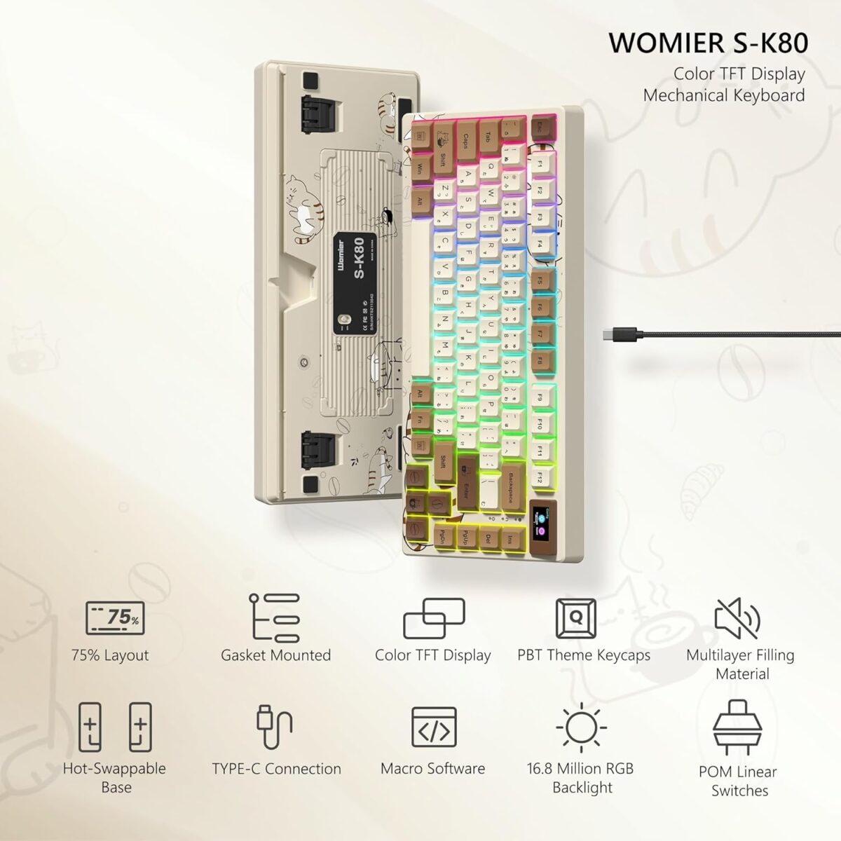 Womier S-K80 75% Keyboard with Color Multimedia Display Mechanical Gaming Keyboard, Wired Hot Swappable Gasket Mount RGB Custom Key Board, Pre-lubed Stabilizer for Mac/Win,...
