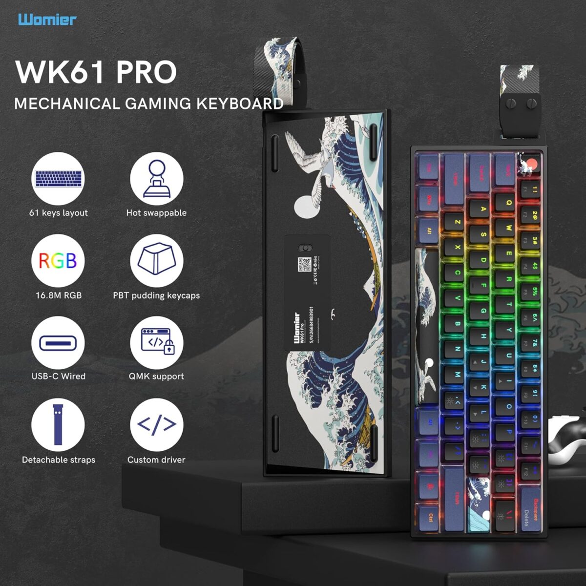 COSTOM WK61 PRO 60% Percent Keyboard with QMK, Black Kanagawa Wired Mechanical Gaming Keyboard with Strap RGB Backlit, Anime Pudding PBT Keycaps, Hot Swappable POM Linear Red...