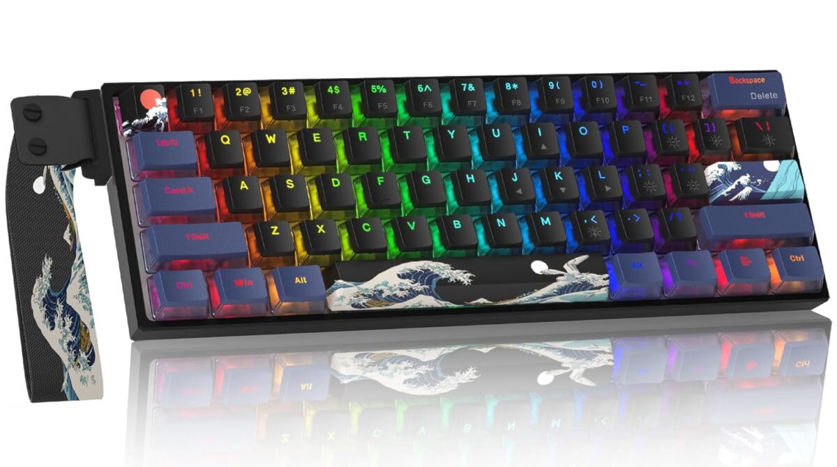 COSTOM WK61 PRO 60% Percent Keyboard with QMK, Black Kanagawa Wired Mechanical Gaming Keyboard with Strap RGB Backlit, Anime Pudding PBT Keycaps, Hot Swappable POM Linear Red...
