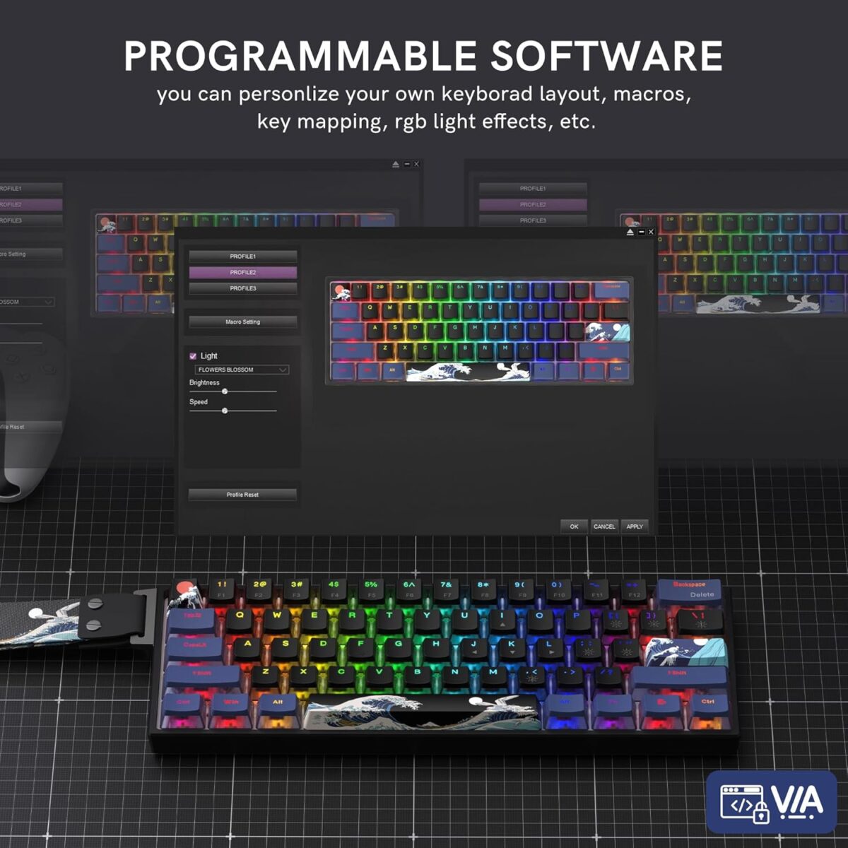 COSTOM WK61 PRO 60% Percent Keyboard with QMK, Black Kanagawa Wired Mechanical Gaming Keyboard with Strap RGB Backlit, Anime Pudding PBT Keycaps, Hot Swappable POM Linear Red...