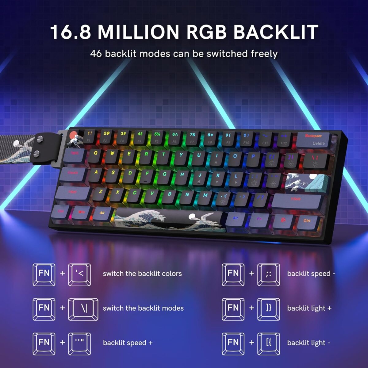 COSTOM WK61 PRO 60% Percent Keyboard with QMK, Black Kanagawa Wired Mechanical Gaming Keyboard with Strap RGB Backlit, Anime Pudding PBT Keycaps, Hot Swappable POM Linear Red...