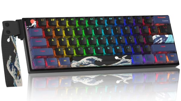 COSTOM WK61 PRO 60% Percent Keyboard with QMK, Black Kanagawa Wired Mechanical Gaming Keyboard with Strap RGB Backlit, Anime Pudding PBT Keycaps, Hot Swappable POM Linear Red...