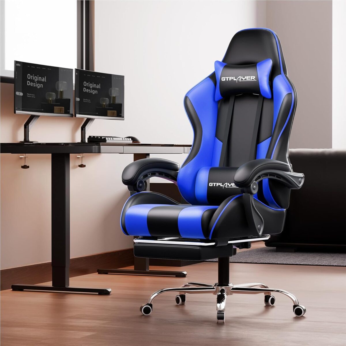GTPLAYER Gaming Chair, Computer Chair with Footrest and Lumbar Support, Height Adjustable Game Chair with 360°-Swivel Seat and Headrest and for Office or Gaming (Faux Leather,...